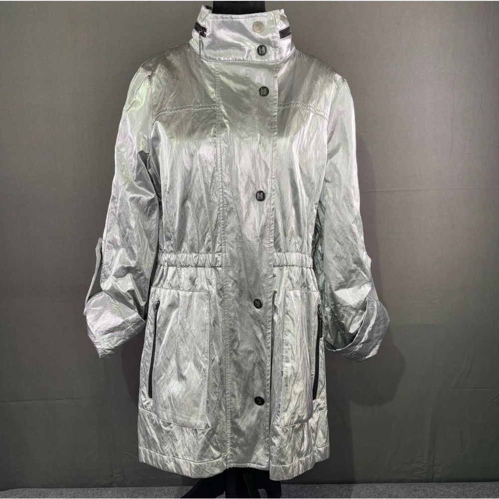 Nikki Jones Jacket Women’s XS Metallic Coat Minimalist Cyberpunk Midi Silver